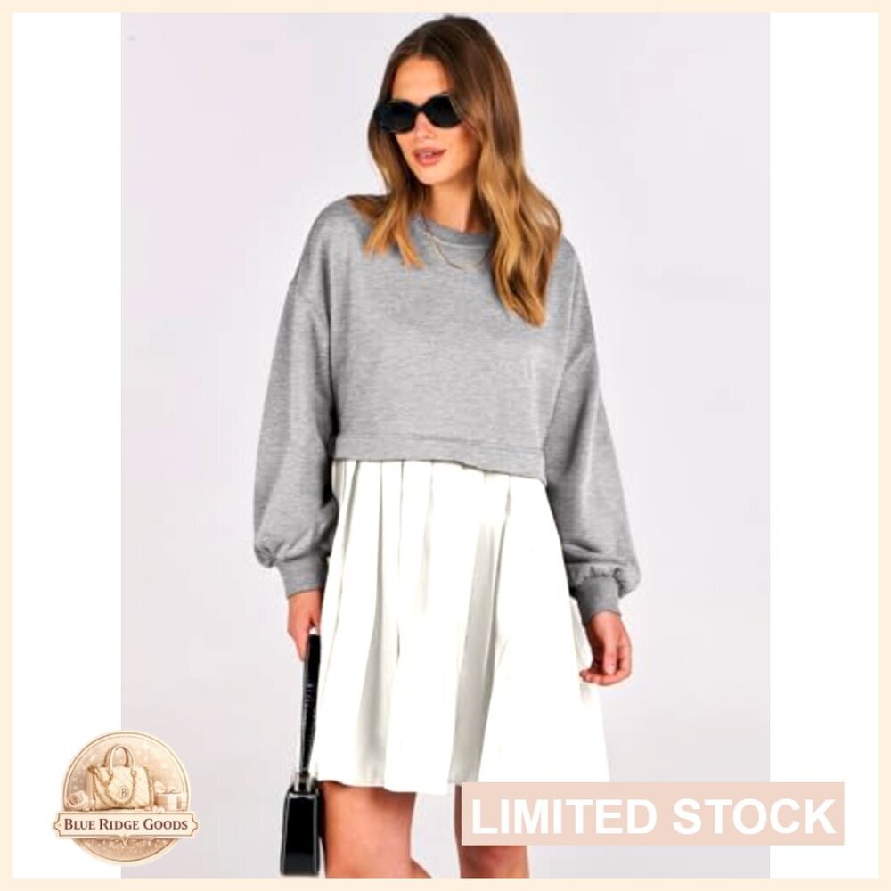 Oversized Sweatshirt Dress Long Sleeve Pleated Patchwork Mini Casual Pullover - Picture 4 of 7